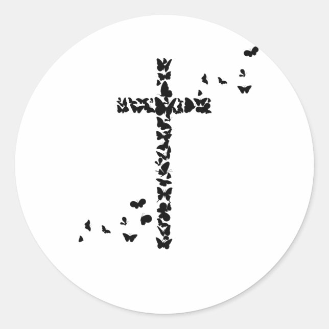 Sticker Rond Jésus Chrétiens Chrétienté Papillons Croix (Devant)
