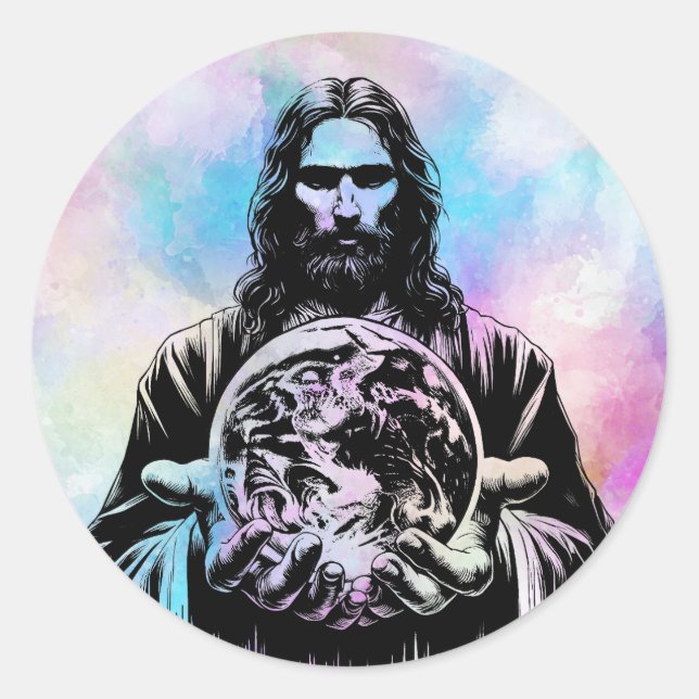 Sticker Rond Jésus Christ Holding Le monde Art illustration (Devant)