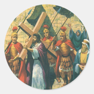 Sticker Rond Jésus Christ Portant la Croix à sa Crucifixion