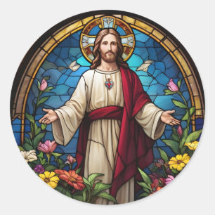Sticker Rond Jésus Christ Sacré Coeur Faux Verre Tiré