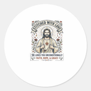 Sticker Rond Jésus Couture Chemise Broderie Graphique Chrétien_