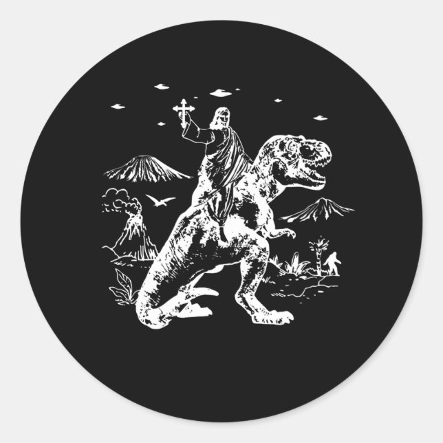 Sticker Rond Jesus équitation Dinosaur OVNI 90s Graphique (Devant)