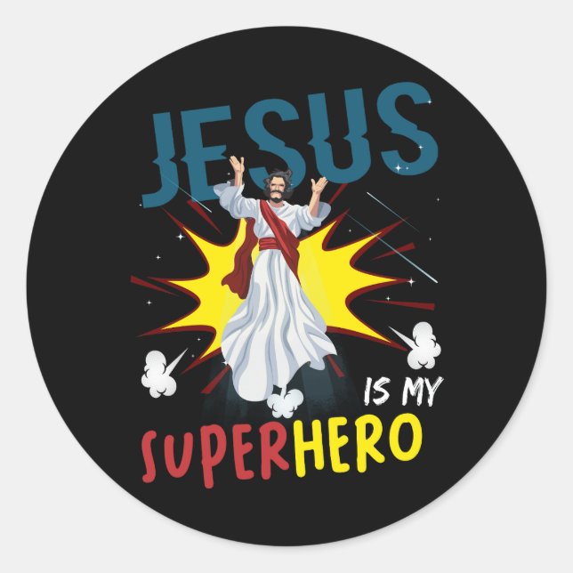 Sticker Rond Jésus Est Mon Superhéros Mignonne Puissante Comi C (Devant)