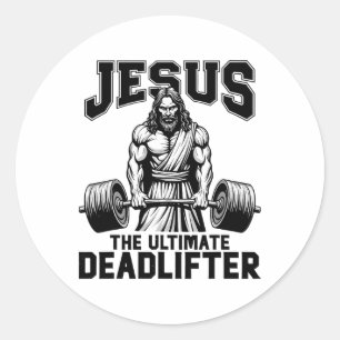 Sticker Rond Jésus l'haltérophile ultime drôle de travail chrét