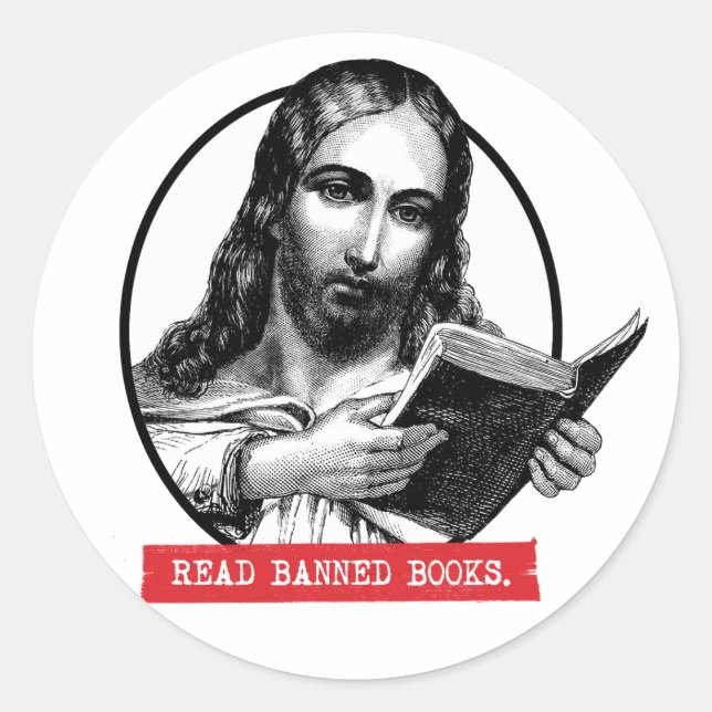 Sticker Rond Jésus Lit Des Livres Interdits (Devant)