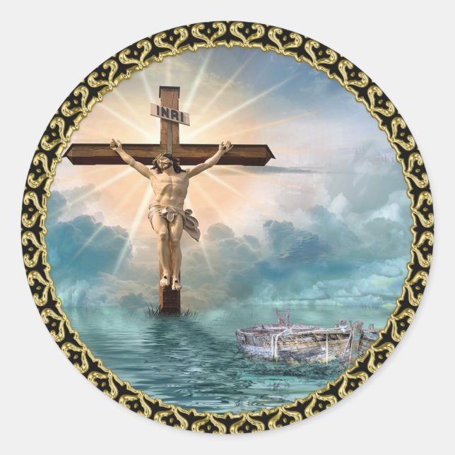 Sticker Rond Jésus suspendu à une croix de crucifixion chrétien (Devant)
