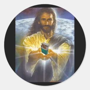 Sticker Rond Jésus tenant des cigarettes, Drôle Jésus