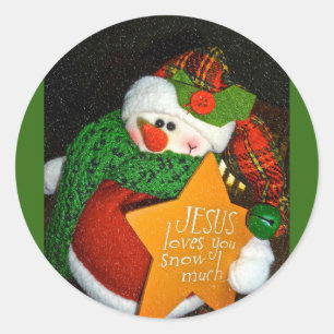 Sticker Rond Jésus vous aime neigent beaucoup ! Bonhomme de