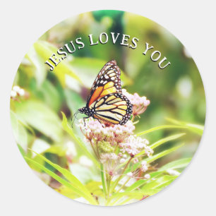 Sticker Rond Jésus vous aime Papillon chrétien floral
