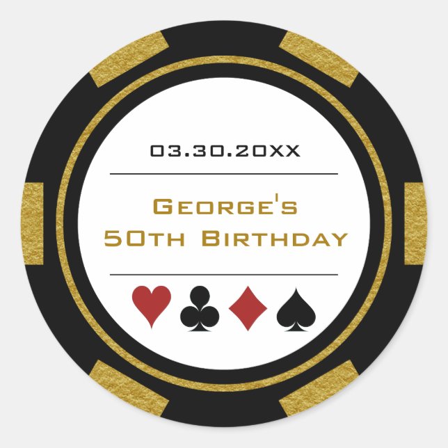 Sticker Rond Jeton de Poker Anniversaire Casino Noir Or (Devant)