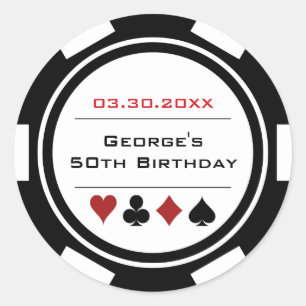 Sticker Rond Jetons de Poker Casino Noir Blanc Anniversaire
