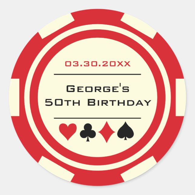 Sticker Rond Jetons de poker Fun Birthday Rouge et Blanc (Devant)