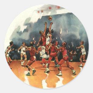Sticker Rond Jeu de basket-ball sportif vintage, joueurs de bas