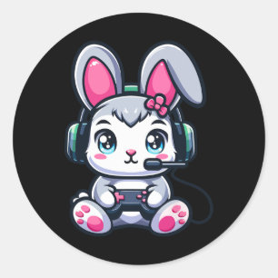 Sticker Rond Jeu Pâques Bunny mignon gamer fille 1