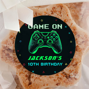 Sticker Rond Jeu Sur Neon Jeu Vidéo Anniversaire