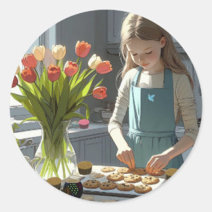 Sticker Rond Jeune fille pâtissière de cookies
