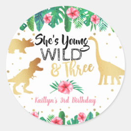 Sticker Rond Jeune Fille Sauvage & Trois Dinosaures Troisième a