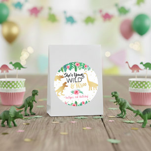 Sticker Rond Jeune Fille Sauvage & Trois Dinosaures Troisième a
