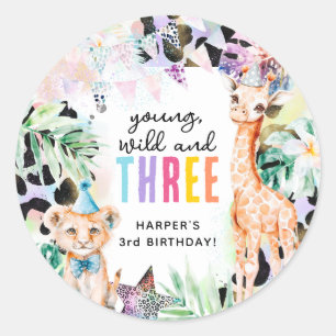 Sticker Rond Jeune, sauvage et trois animaux Safari 3e annivers