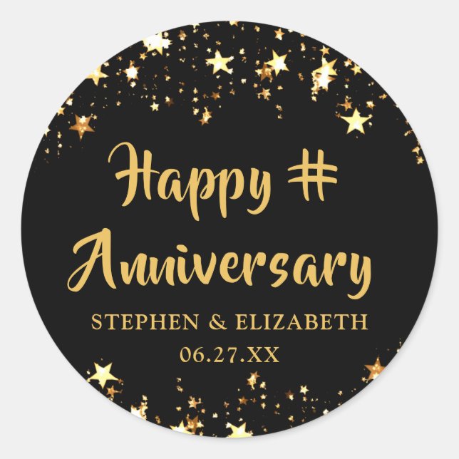 Sticker Rond JEUX ANNIVERSAIRE Toute année Black Gold Stars Nom (Devant)