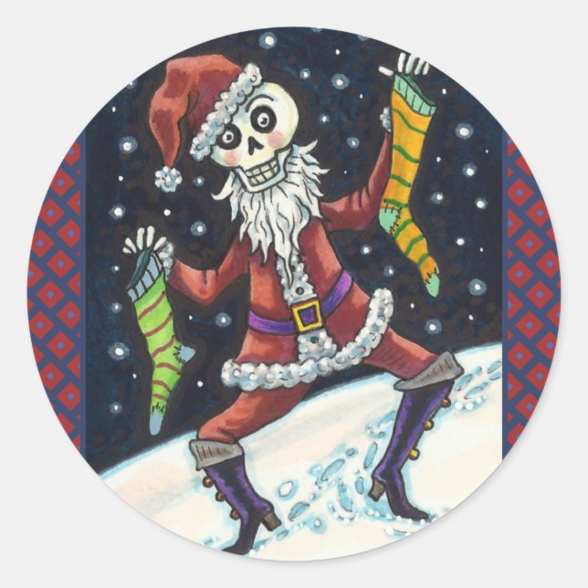 STICKER ROND JINGLE BONES PÈRE NOËL, SKELETON VACANCES & STOCKI (Devant)