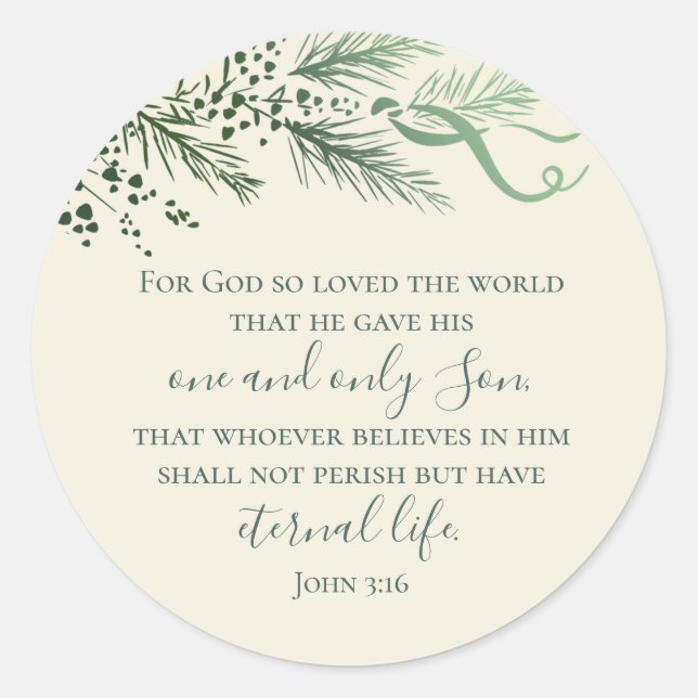 Sticker Rond John 3:16 Hand Drawn Greenery Christian Christmas (Devant)