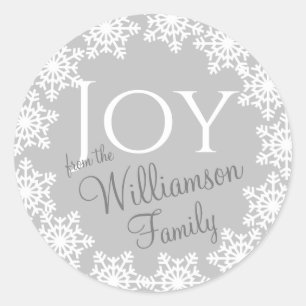 Sticker Rond JOIE Famille de Noël Silver Grey White Snowflake