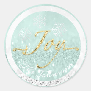 Sticker Rond Joie Fêtes Nom Snowflakes Blue Gold Mint Grey