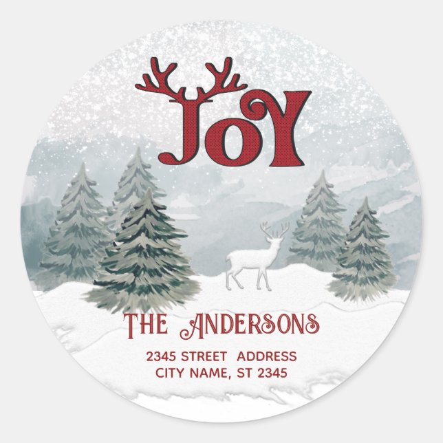 Sticker Rond Joie Moderne Aquarelle scène de cerfs d'hiver (Devant)