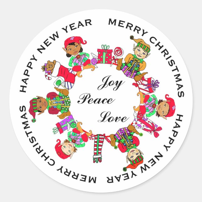 Sticker Rond Joie, Paix, Amour Petits Elfes Whimsical (Devant)