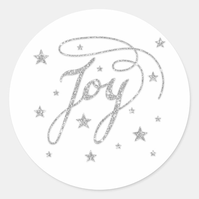 Sticker Rond JOIE Texte En Parties scintillant Argent Faux Rega (Devant)
