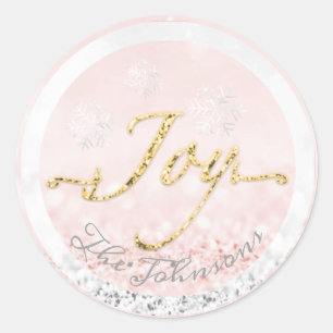 Sticker Rond Joie Vacances Nom Snowflakes Pink Gold Parties sci