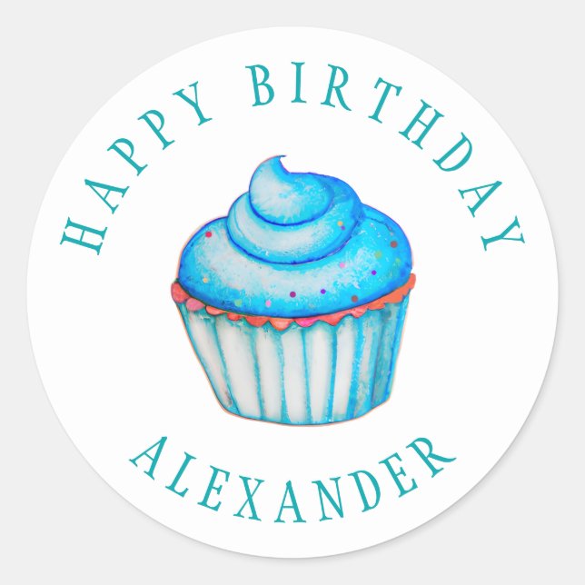 Sticker Rond Joli Anniversaire Bleu Aquarelle Nom Personnalisé (Devant)