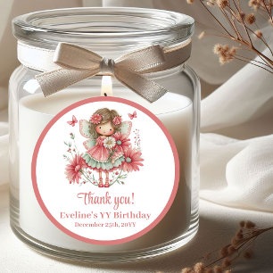 Sticker Rond Joli Anniversaire Fille Fleurs Roses Fée Caprice M