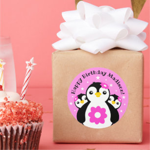 Sticker Rond Joli Anniversaire Pingouins Fleurs Roses