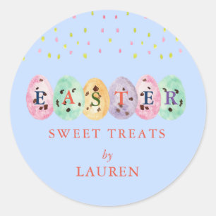 Sticker Rond Joli aquarelle Oeufs Bonbons de Pâques sur Bleu
