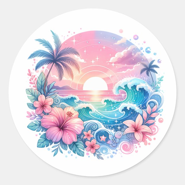Sticker Rond Joli Art côtier rose et bleu (Devant)