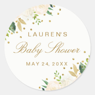 Sticker Rond Joli Baby shower de Parties scintillant or à fleur