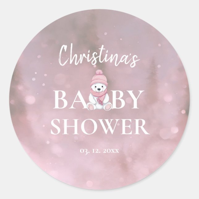 Sticker Rond Joli Baby shower rose Ours d'hiver (Devant)