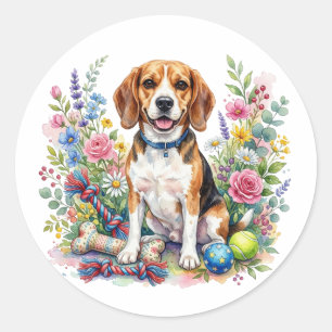 Sticker Rond Joli Beagle aquarelle dans les fleurs