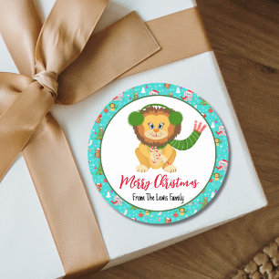 Sticker Rond Joli bébé lion avec un cobalt sarcelle joyeux Zoo 