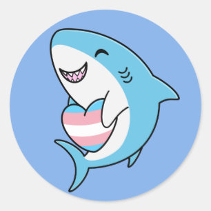 Sticker Rond Joli Blahaj bleu requin tenant Trans Coeur