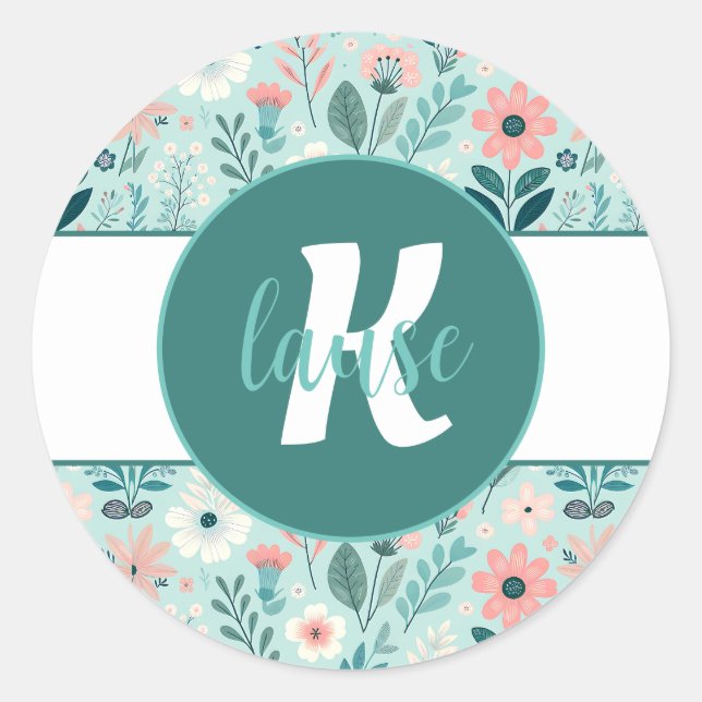 Sticker Rond Joli bleu et rose pastel Fleurs d'Art folklorique (Devant)