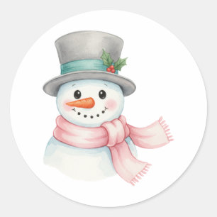 Sticker Rond Joli bonhomme de neige à l'aquarelle avec écharpe