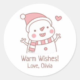 Sticker Rond Joli Bonhomme de Neige Heureux, Doodle de Noël