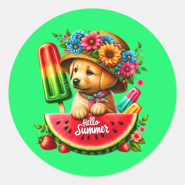 Sticker Rond Joli bonjour chiot d'été (Devant)