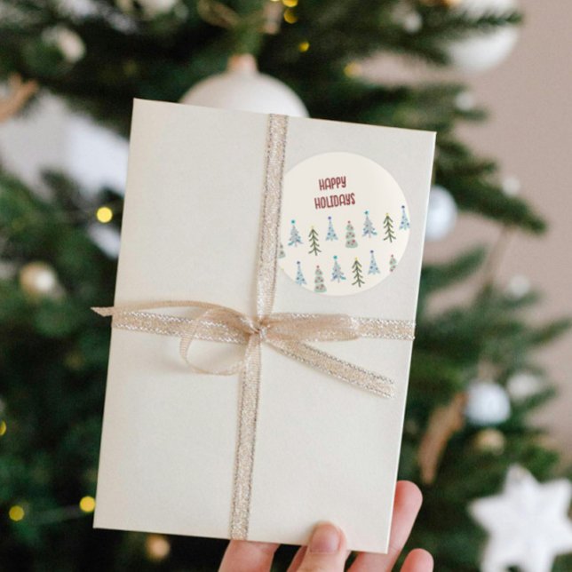 Sticker Rond Joli caniche de Noël (Custom hand drawn Scandinavian trees Christmas sticker with your greeting)