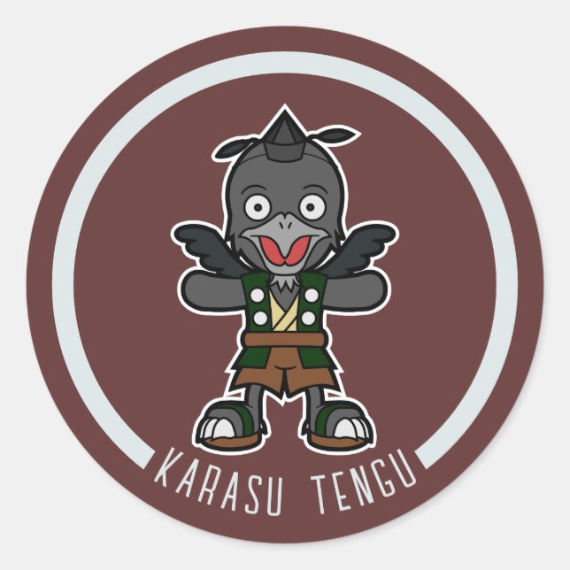 Sticker Rond Joli Cartoon Crow Tengu | Yokai japonais (Devant)