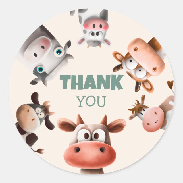 Sticker Rond Joli Cartoon Vache Anniversaire Merci (Devant)