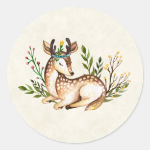 Sticker Rond Joli Cerf Aquarellé Posé En Bas Boho